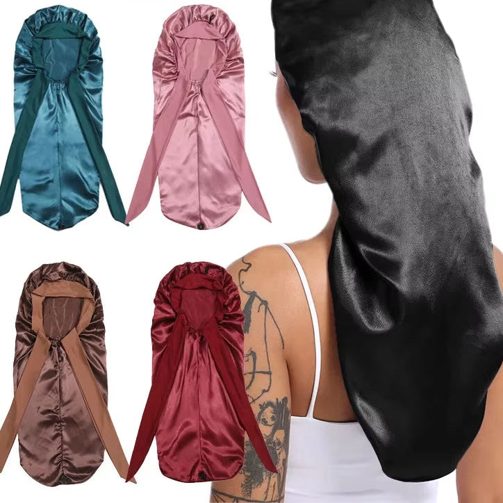 Long Satin Bonnet Solid Color Extra Large Sleep Cap with Long Tie Hair Bonnet for Black Women Hair Care Cap for All Hair Types
