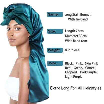 Long Satin Bonnet Solid Color Extra Large Sleep Cap with Long Tie Hair Bonnet for Black Women Hair Care Cap for All Hair Types
